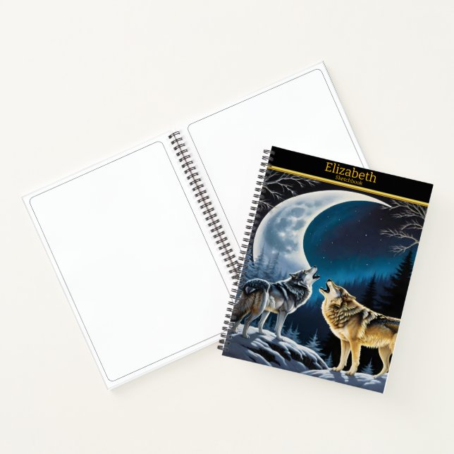 Wolves serenade the moonlight on a winter night notebook (Inside)