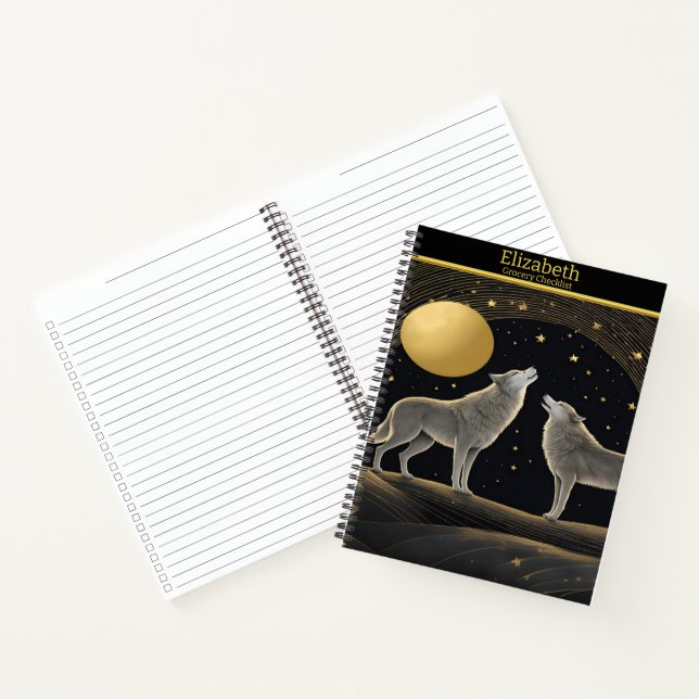 Wolves serenely howl at a radiant golden moon notebook (Inside)