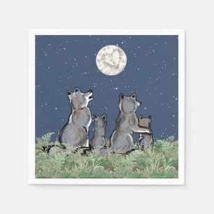 Wolves Wolf Howling at Moon, Night Stars Animal Napkin