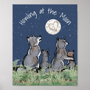 Wolves Wolf Howling at Moon, Night Stars Custom Poster
