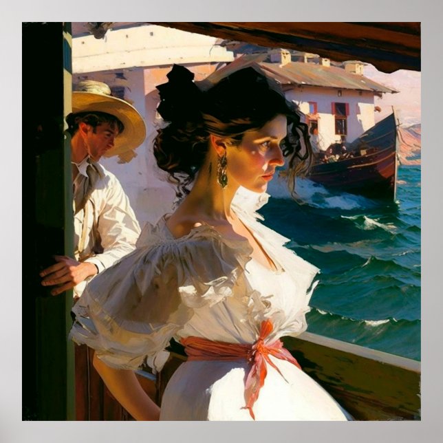 Woman Aboard a Ship Entering Port on a Sunny Day Poster (Front)