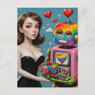 Woman and a Rainbow Robot Wedding Postcard