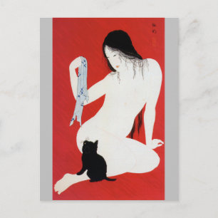 Woman and Black Kitten, Takahashi Shotei Postcard