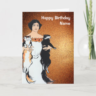 Woman and Cats Gold Glitter Birthday Card