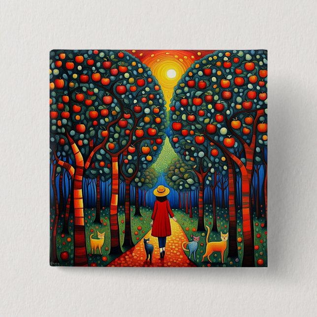 Woman and cats in Apple Orchard 2 Inch Square Button (Front)