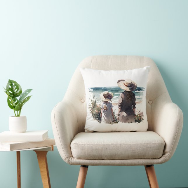 Woman and Child At the Seashore Throw Pillow (Chair)