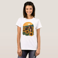 Woman and Chocolate Labrador in a Golden Sunflower