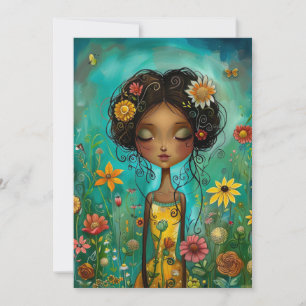 Woman and Flowers Illustration Style Hello Flat Card
