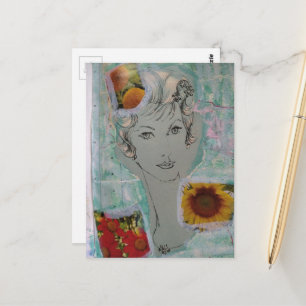 Woman and Flowers Retro Hair Style Collage Postcard