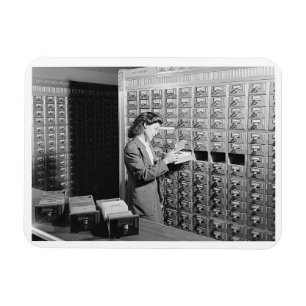 Woman and Library Card Catalog Vintage Magnet