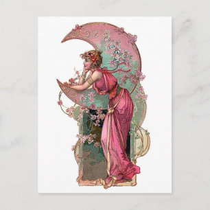 Woman and moon, art nouveau, romantic vintage postcard
