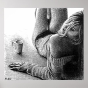 Woman and morning coffee Graphite Poster print