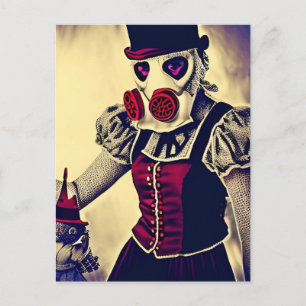 Woman and Puppet in Gas Mask Postcard