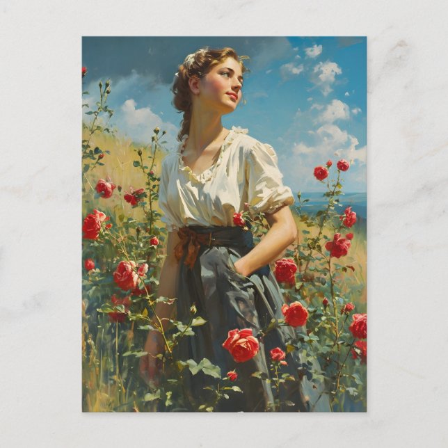 Woman and roses Vintage Postcard (Front)