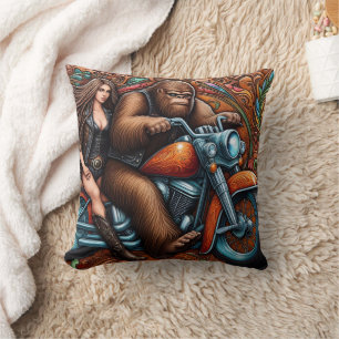 Woman and Sasquatch on Motorcycle Throw Pillow