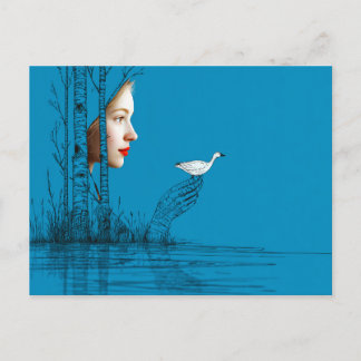 Woman and snow goose, minimalist line art invitation postcard