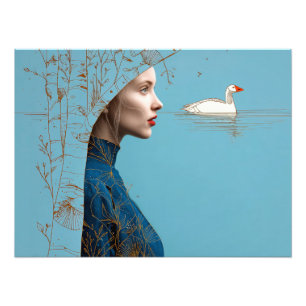 Woman and snow goose, minimalist line art photo print