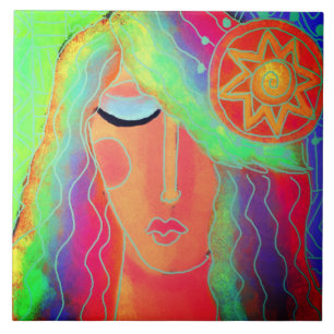 Woman and the Sun Abstract Digital Painting  Tile