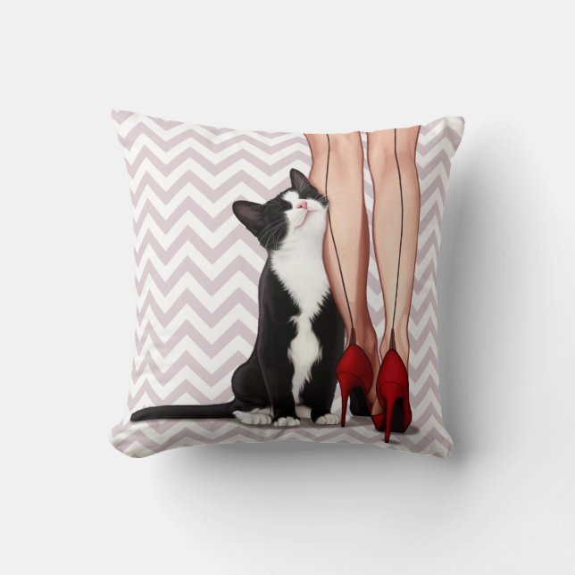 Woman and Tuxedo Cat Throw Pillow (Front)