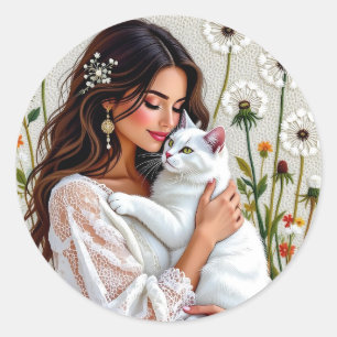Woman and White Cat and Dandelions  Classic Round Sticker