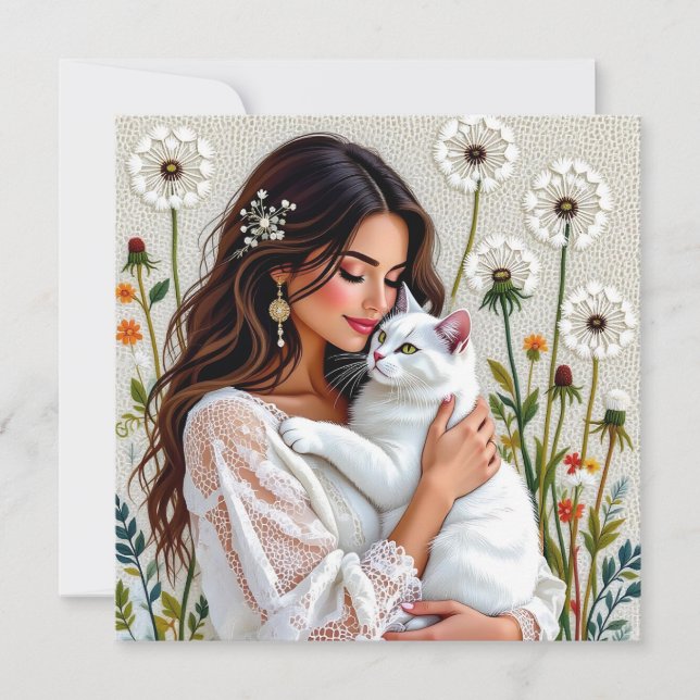 Woman and White Cat and Dandelions  Holiday Card (Front)
