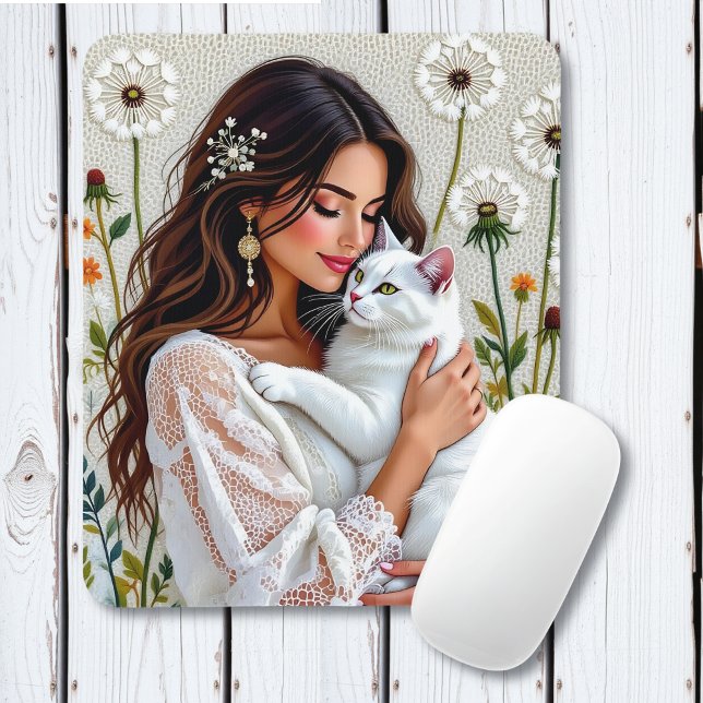 Woman and White Cat and Dandelions  Mouse Pad (Creator Uploaded)