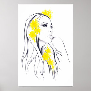 Woman and yellow flowers fashion illustration art poster
