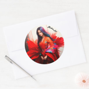Woman Asian kimono brunette decor modern art Classic Round Sticker