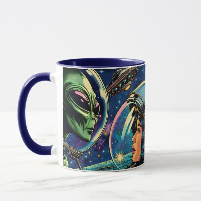 Woman Astronaut Meets Extraterrestrial Alien  Mug (Left)