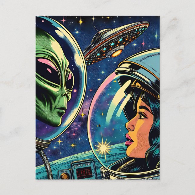 Woman Astronaut Meets Extraterrestrial Alien Postcard (Front)