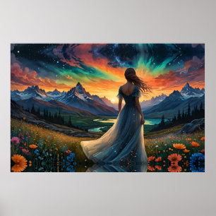 Woman at Sunrise Floral field over Mountain Lake  Poster