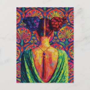 Woman Back View Colourful Buns Floral Pattern Postcard