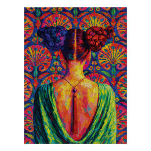 Woman Back View Colourful Buns Floral Pattern  Poster
