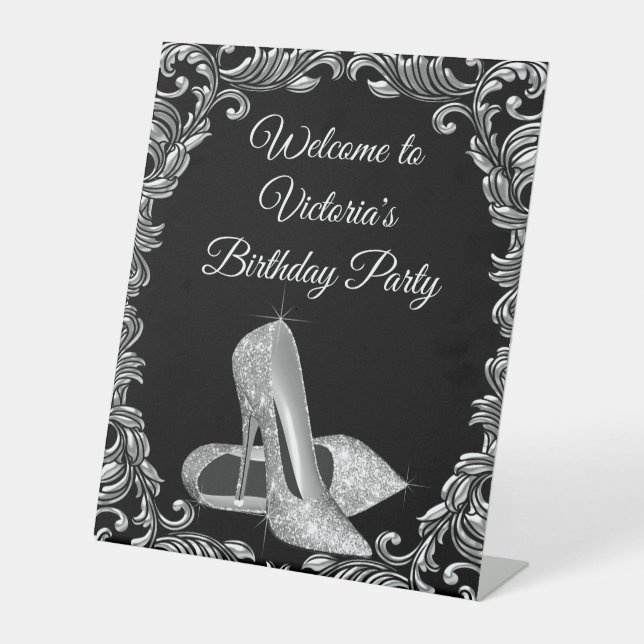 Woman Black Silver Birthday Party Welcome Table Pedestal Sign (Front)