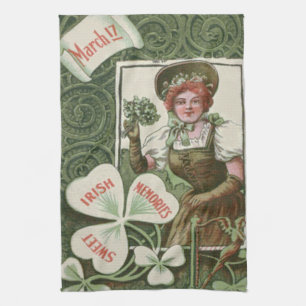 Woman Bouquet Shamrocks Shamrock Harp Kitchen Towel