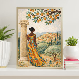 Woman by Column with Citrus Tree Illustration Poster