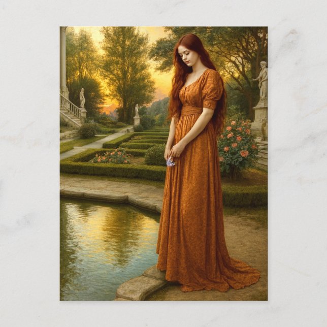 Woman By Garden Pond At Sunset Postcard (Front)