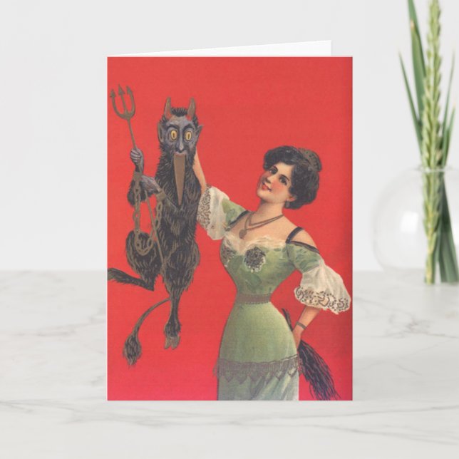 Woman Catching Krampus Holiday Card (Front)