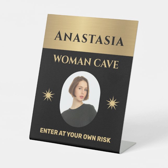 Woman Cave Gold Black Warning Personalize   Pedestal Sign (Front)