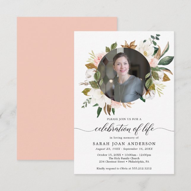Woman Celebration Of Life Magnolia with Photo Invitation (Front/Back)