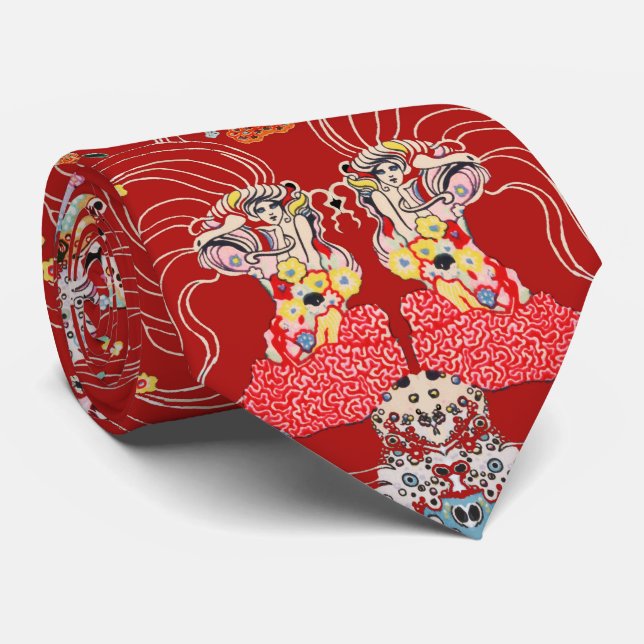 WOMAN,CENTAUR FLORAL Red White Klimt Pattern Tie (Rolled)