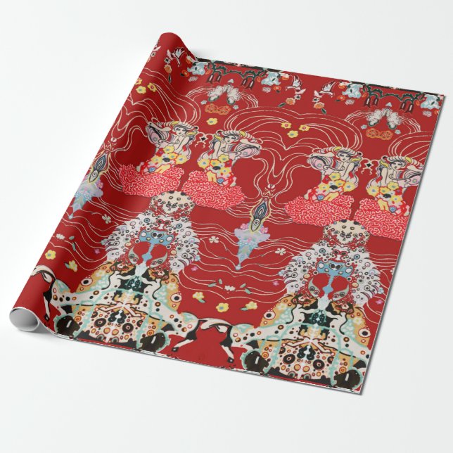 WOMAN,CENTAUR FLORAL Royal Red White Klimt Pattern Wrapping Paper (Unrolled)