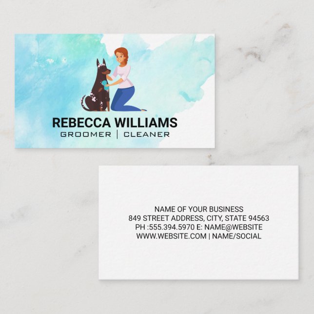 Woman Cleaning Dog | Animal Groomer Business Card (Front/Back)