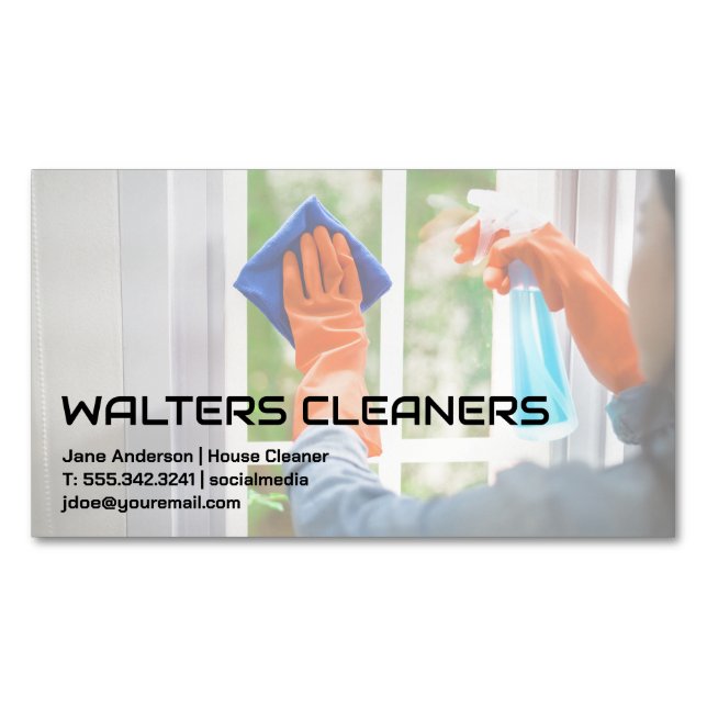 Woman Cleaning Window Magnetic Business Card (Front)