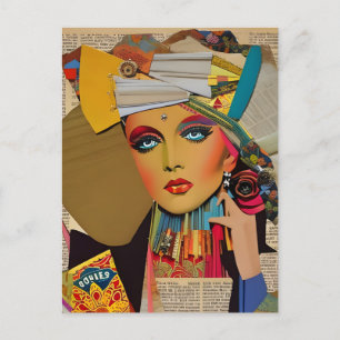 Woman Colourful Mixed Media Collage Postcard