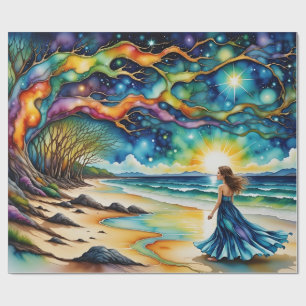 Woman, Colourful Tree of life on ocean beach Wrapping Paper