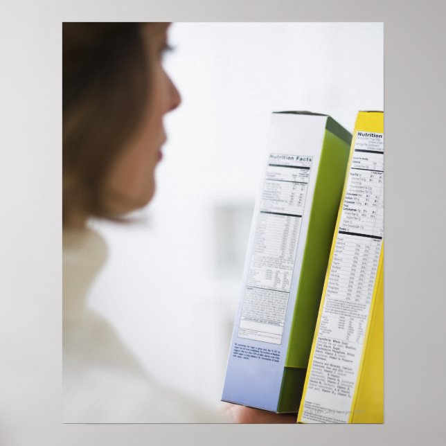 Woman comparing nutrition labels poster (Front)