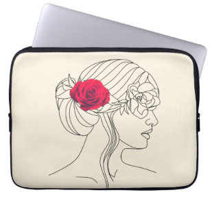 Woman Continuous Line with Red Rose On Hair  Laptop Sleeve