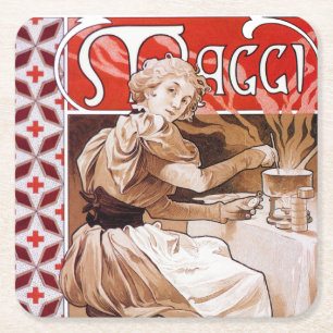 Woman Cooking, Alphonse Mucha Square Paper Coaster