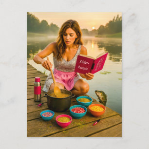 Woman Cooking Glitter Bait for frish on the Dock Holiday Postcard